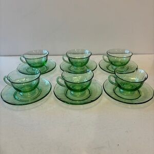 Set of 6 Vintage Uranium Optic Green Glass Teacup & Saucer Set